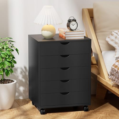 Image of 5-Drawer Chest, Office Storage Dresser File Cabinet with Wheels, Mobile Dresser for Home Office, Black