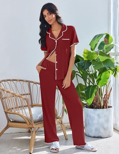 Image of Ekouaer Pajamas for Women Set Button Up Soft Pjs Short Sleeve 2 Piece Lounge Sets Comfy Sleepwear