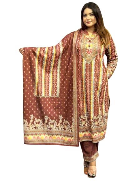 Image of Women Winter Kurta Set Woolen, Kurta with Plazzo & Dupatta 3Pcs Set, Winter Ethnic Wear Set