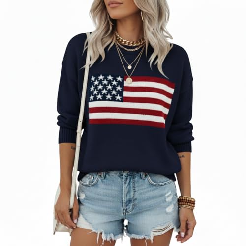 Noni Womens American Flag Pattern Long Sleeve Lightweight Round Neck Sweater Casual Loose Pullover Sweater Independences Day Gift American Flag Sweaters Women Navy XS
