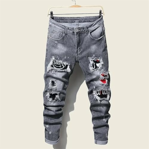 Men’S Chic Ripped Skinny Straight Denim Pants Slim Fit Zipper Fly Heavyweight Pattern Streetwear Hip Hop Jeans2