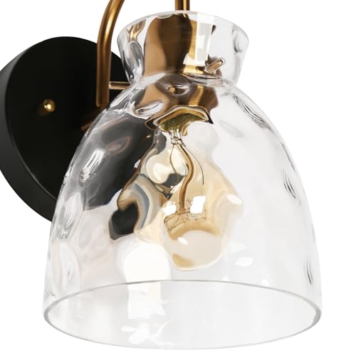 Image of KSANA Mid-Century Modern Wall Sconce, 1 Light Black and Electroplated Copper Sconce Wall Light with Textured Glass Bathroom Wall Lamps for Bedroom Living Room Kitchen