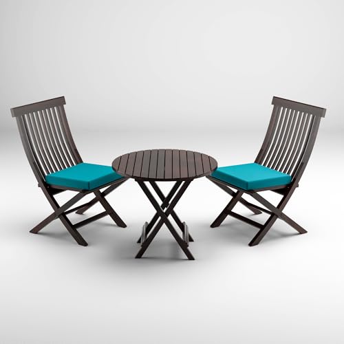Image of Sheesham Wooden Portable Foldable 2 Seater Chair with Table Set Outdoor Balcony Garden Coffee Table Set Furniture with 1 Table and 2 Chairs Set (Coffee with Blue Cushion)