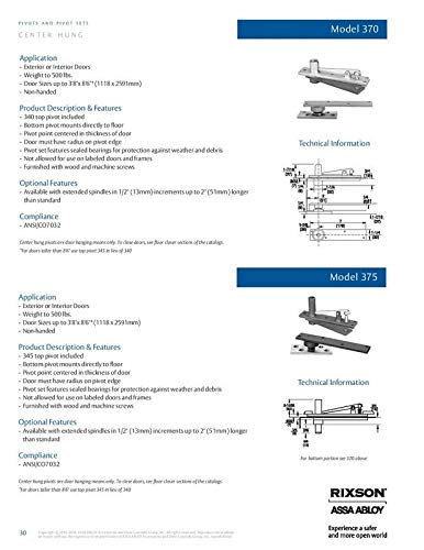 Rixson (Assa Abloy) Center Hung Pivot Hinges, Model 370, Interior Or Exterior Doors Up To 3' 8"X 8' 6" (500 Lbs.), Color: Satin Chrome (626) #TOP2