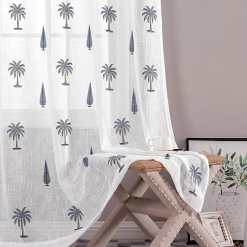 Image of LINENWALAS Decorative Cotton Linen Sheer Curtains 5 Feet for Window -Block Printed Door Curtain | Grommet Hanging Style Pack of 2 Panels |Light Filtering Sheer Drapes (Coastal Palms)