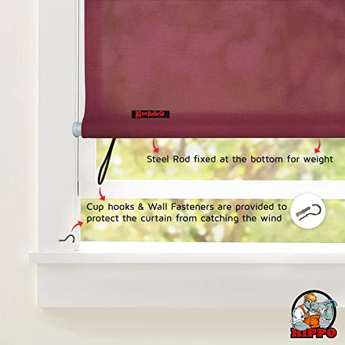 Image of HIPPO 180 GSM HDPE Outdoor Balcony Roller Blind, UV & Dust Protection Corded Roll Up and Down Light Filtering Blinds for Garden (Burgundy, 4FTX9FT)