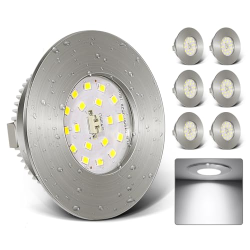 Kimjo 6W LED Einbaustrahler 230V - Ultra Flach LED Spots 6000K Kaltes Weiß - IP44 60-65mm Lochmass Deckenspots für Badezimmer Küche Wohnzimmer - Spots Deckenleuchte Matt Nickel 6er Set