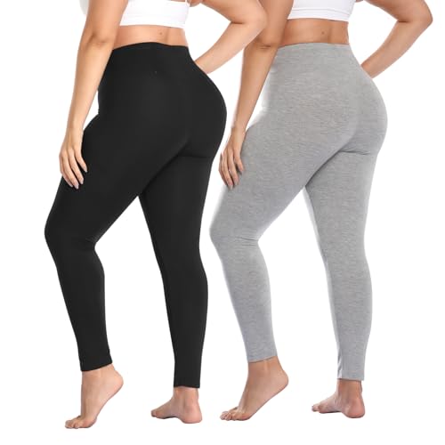 2 Pack Plus Size Leggings for Women Soft Stretchy High Waisted Tummy Control Full Length Pants for Running Workout, Black/Grey 3X