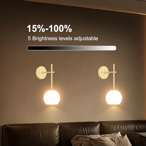 Image of Wood Grain Battery Operated Wall Sconces Set of 2, Rechargeable Wireless Wall Lights with Milky White Frosted Glass, 12 RGB and 3CCT Dimmable Wall Lamps with Remote for Bedroom Living Room Hallway