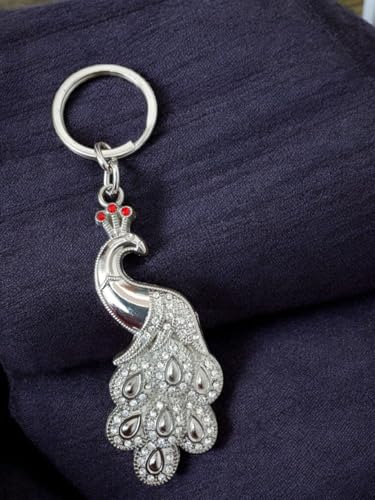 Image of DEBONAIR Decorative Peacock Keyring with Crystal Embellishments, Silver Metal, Red Crown Details