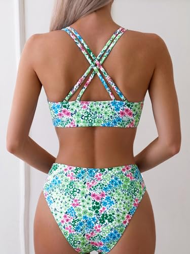 Image of Fanuerg Women's Sexy V Neck Bikini Sets Hollow Out Two Piece Swimsuits Cutout Mid Waist Bathing Suit