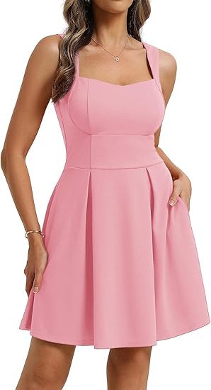 Belle Poque Damen Sommerkleid Trägern A-Linie Minikleid Eckigem V Ausschnitt Offenem Rücken Fließendes Elegant Kleider mit Taschen