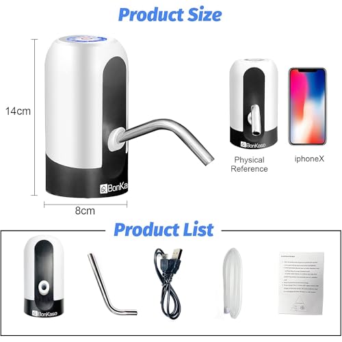 Image of BonKaso Automatic Water Dispenser Pump for 20L Bottle, USB Rechargeable Portable Electric Water Pump with One-Touch Operation, Metal Removable Pipe, Fast Flow Drinking Water Dispenser(Black & White)