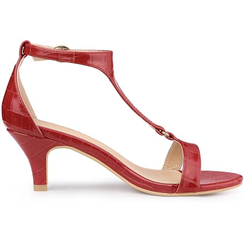 Allegra K Allegra K Women's T Strap Embossed Kitten Red Heel Sandals 10 M US