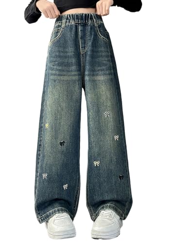 ASHER FASHION Girls Bow Embroidered Jeans Cute Bow Embroidery Wide Leg Denim Pants Fall Loose Jean Trousers Outwear Clothes