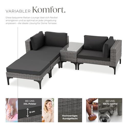tectake® Outdoor Rattan Lounge, 5-teiliges Gartenmöbel Sofa Set mit Aluminium Gestell, frei kombinierbar, mit Ecksessel, Hocker, Tisch… – Ansicht 3