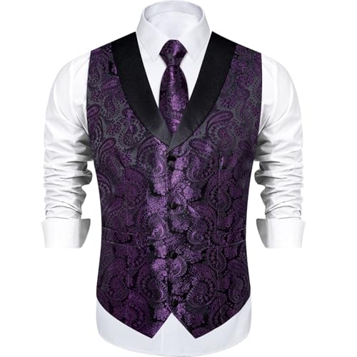 Image of DiBanGu Mens Paisley Suit Vest Silk Jacquard Waistcoat and Necktie Set Formal Shawl Collar Dress Vest 7PCS for Wedding Party