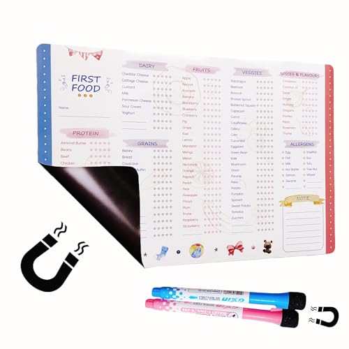Image of Baby First Foods Tracker with Fridge Magnet, Baby Food Tracker with Back Ful Coverl Magnet, Daily Food Log Book Repeatable Erasing and Writing, 101 Before 1, Dry Erase Baby Food Chart/Checklist