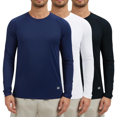 AMZSPORT Paquete de 3 Camisetas Hombre Manga Larga con Protección Solar UV UPF 50+ Camiseta Técnica Transpirable y de Secado Rápido para Correr, Deporte, Outdoor Negro Blanco Azul Marino XL