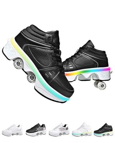Roller Skate Shoes for Unisex,2-in-1 Retractable Skates Shoes with 4 Wheels & Pop-Out Deformation Sneakers Outdoor Sports Skating Shoes for Girls Boys (Black with Light, 9)