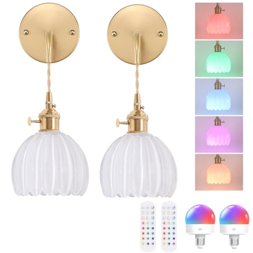 Image of Shenmoyl Battery Operated Wall Sconce with White Tulip Shade Pattern Glass Adjustable Chain Retro Gold Wall Mounted Light, Modern Wall Lamp Fixtures Decor for Bedside Bedroom Indoor Doorway,Set of 2