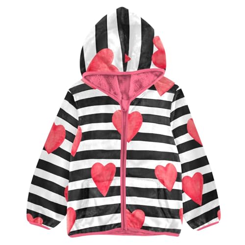 OTVEE Valentine Red Heart Stripes Kids Hoodie Jacket Fall Spring Full Zip Warm Outwear Coat