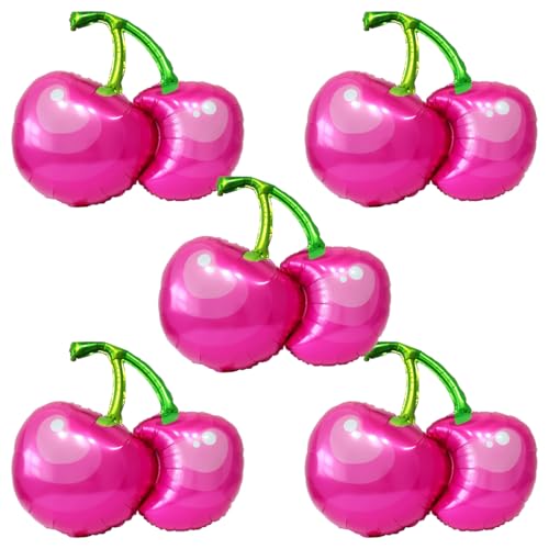 5Pcs Pink Cherry Aluminum Film Balloons, Summer Fruit Cherry Theme Birthday Decoration Supplies,Pink Cherry Balloon Party Decoration (30in x 27in)