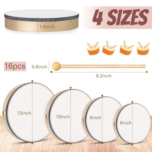 Lukmaa 16 Pcs Hand Drum with 16 Pcs Drum Stick 6 Inch 8 Inch 10 Inch 12 Inch Wooden Frame Drum Adults Kids Drums Musical Educational Percussion Instruments for Home Party School, White