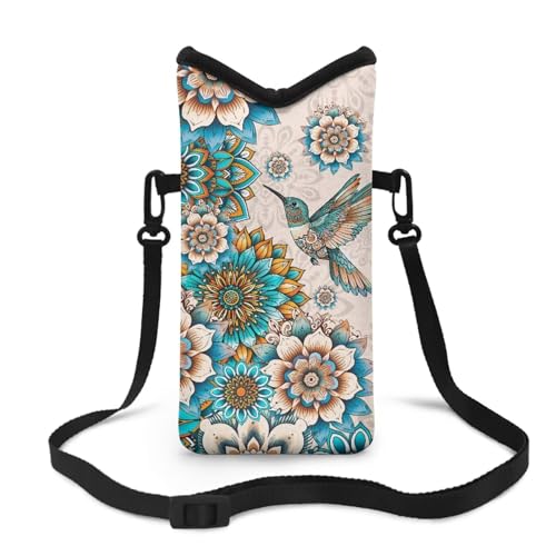 Image of Women Men Small Crossbody Phone Bag Cellphone Wallet Purse Compatible with Most Smartphones Phone Carry Pouch for Travel, Outings, Beach, Hiking, 8 x 4 inch, Boho Flower Hummingbird