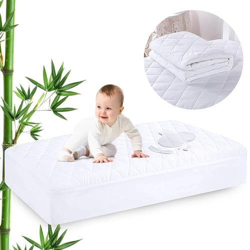 Venneti Crib Mattress Cover - Cotton Waterproof Mattress Protector for Newborn - Premium Quality Hypoallergenic and Breathable Fabrics - Soft and Comfortable… (White, Crib Mattress Pad)