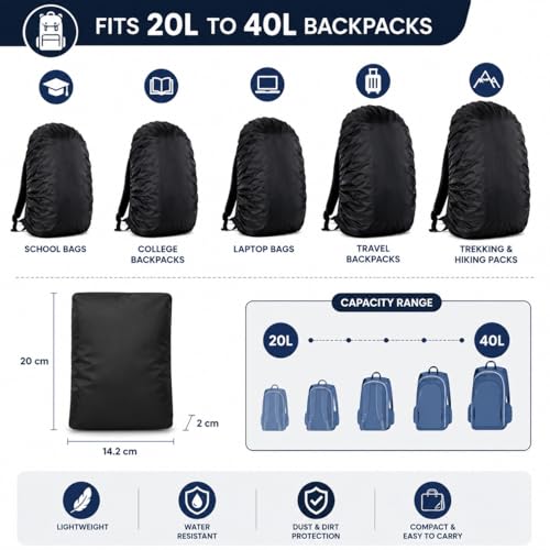 Image of Lazer Waterproof Backpack Rain Cover for School, College & Laptop Bags | Heavy Duty Nylon Dustproof & Rainproof Protector with Elastic Adjustable Fit for Travel & Hiking Backpacks (20L-40L, Black)