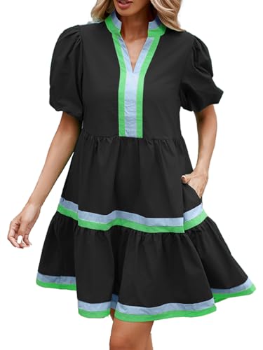 Image of LifeShe Womens Puff Sleeve Babydoll Dress V Neck Navy Blue Striped Color Block Tiered Mini Dresses