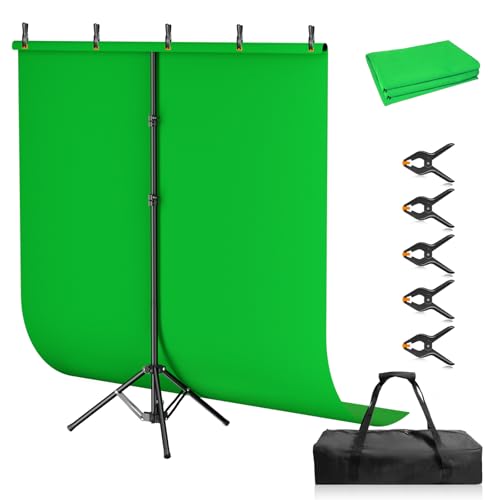 Qoolfoto Green Screen Backdrop Kit, 5×7ft Portable Greenscreen Background with Adjustable T-Shaped Stand, 5 Clamps, Carrying Bag for Parties, Streaming, Photography, Zoom, Gaming, Video Studio