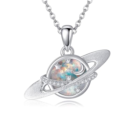 Saturn Necklace 925 Sterling Silver Planet Opal Pendant Necklace Moon Star Saturn Necklaces for Women Anniversary Jewelry Gift