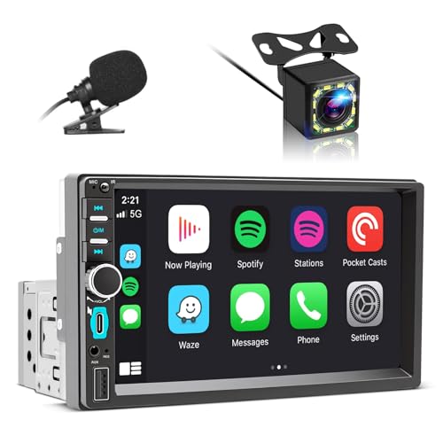 Autoradio 1 DIN Bluetooth Autoradio Car Play Voiture avec sans Fil Carplay & Android Auto, 7 Pouces HD Écran Tactile, FM, MIC, USB, AUX, Type C, Commande...