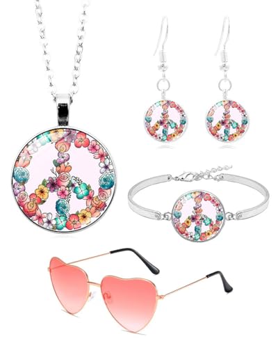 JUKOTA Conjunto de disfarce hippie, 4 peças acessórios de roupa hippie de anos 60 e 70 para mulher e homem, óculos de sol coração, paz - símbolo colar, brincos, pulseira para Halloween, carnaval