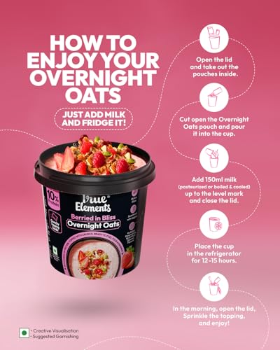 Image of True Elements Overnight Oats Berried in Bliss 186 g (Pack of 3 * 62 g) - Ready-to-Eat Breakfast | High Protein, Fibre & Berry Flavour | Healthy Instant Oats Snack