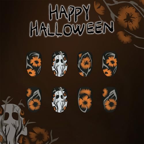 Halloween Press on Nails Short Almond Fake Nails Ghost Stick on Nails with Flower Designs Glue on Nails Matte Full Cover Nails Press Ons Holiday DIY False Nails for Women 24PCS