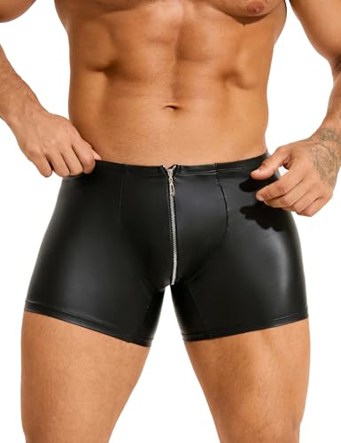 comeondear Men's Faux Leather Boxer Shorts Zipper Bulge Pouch Briefs Black Plus Size Sexy Underwear Panties