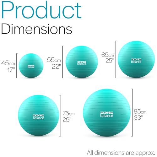 Image of Core Balance Exercise Ball, Stability Ball for Yoga, Pilates and Fitness, Gym Ball for Home Gym and Office Chair, Training, Physical Therapy, Anti Burst, Pump Included, 55cm 65cm 75cm 85cm