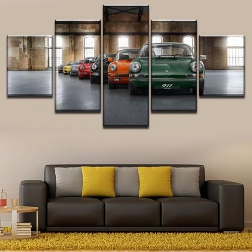 ZQSYFEWET Cuadros Decoracion Salon Lienzos Decorativo BañO Lienzos Grandes 5 Piezas Coche de carreras clásico Porsch 911 Grabados Impresiones Moderno Oficina Sala Estar Dormitorio DecoracióN Hogar