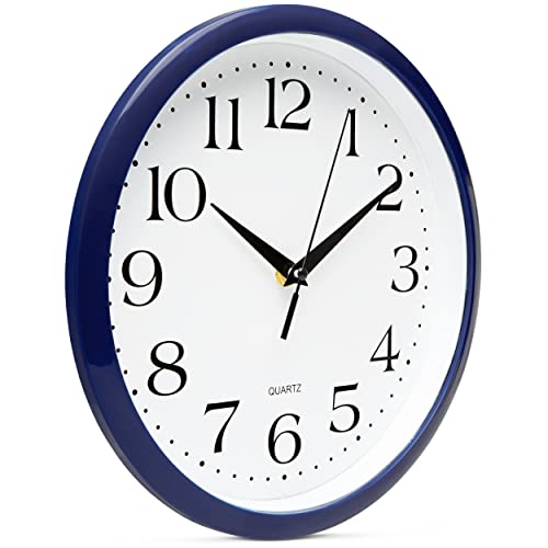 Image of Bernhard Products Navy Wall Clock Silent Non Ticking - 10 Inch Quality Quartz Battery Operated Round Easy to Read Home /Kitchen /Office /Classroom /School Clock