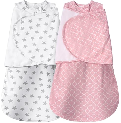 AugTwig Baby Swaddle Sleep Sack 6-12 Months Adjustable WearableTransition Blanket Miracle Swaddles for Babies Large 100% Cotton-2-Piece(Pink&Stars)