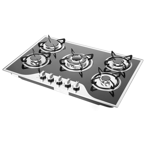 Pattosaey 5 Burners Gas Cooktop, LPG/NG 7mm Coated Glass Stove Top, Built-in/Countertop Stove for Home Kitchen, Electronic Pulse Ignition, 30.5×20.1in, 180° Fire Control