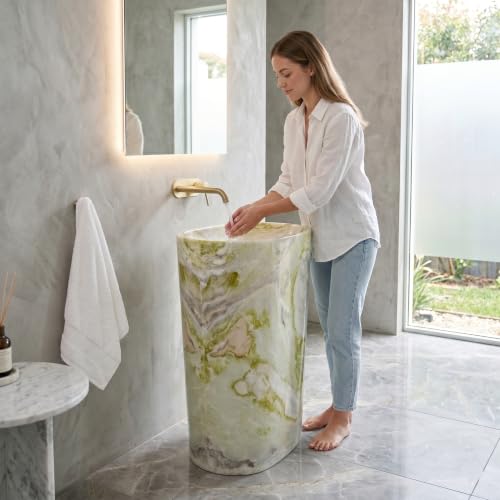 Image of BASSINO 20x14x33 Inch Pedestal Wash Basin /Free Standing Wash Basin /7 Years Warranty /Oval Ceramic One Piece Pedestal Sink for Bathroom /Living Room /Dining Hall /Floor Mounted Washbasin(Green Mix Marble)