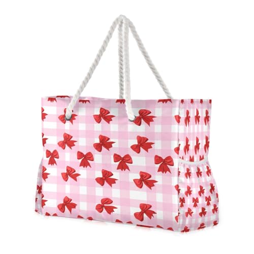 Red Bows Beach Bag with Top Zipper Closure, Waterproof Pool Bag, Large Beach Tote for Women#36