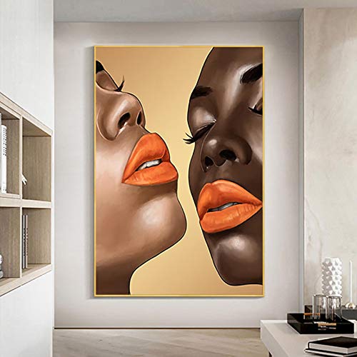 Cuadro de labios naranjas y lienzo negro de mujer para pintura de pared
