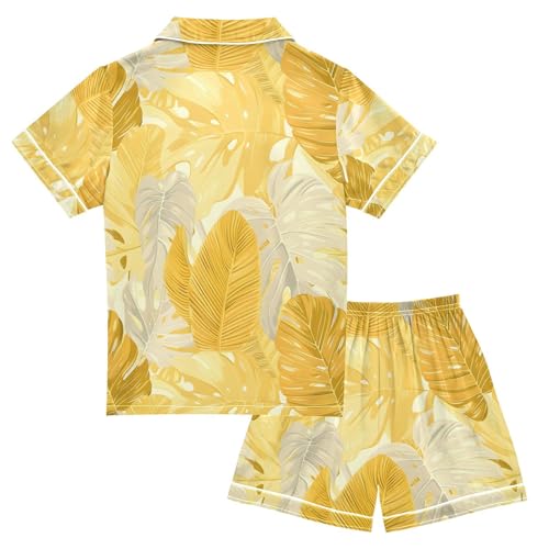 ALAZA Yellow Gold Palm Leaves Pajamas Satin Pajama Set Short Sleeve Button Down Sleepwear2