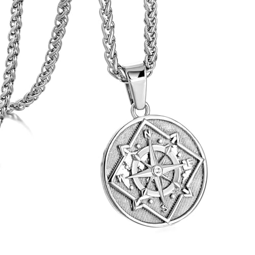 murtoo Compass Necklace for Men Women, Stainless Steel Necklace with Compass Coin Pendant, Gold Silver Mens Necklace Gift Ideal