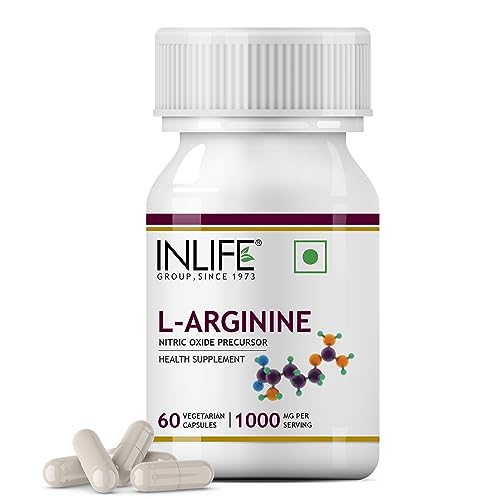INLIFE L Arginine Capsules 1000mg Supplement, Nitric Oxide Precursor for Performance, Recovery, Overall Wellness – 60 Vegetarian Capsules (Pack of 1, 60) INLIFE L Arginine Capsules 1000mg Supplement, Nitric Oxide Precursor for Performance, Recovery, Overall Wellness – 60 Vegetarian Capsules (Pack of 1, 60)